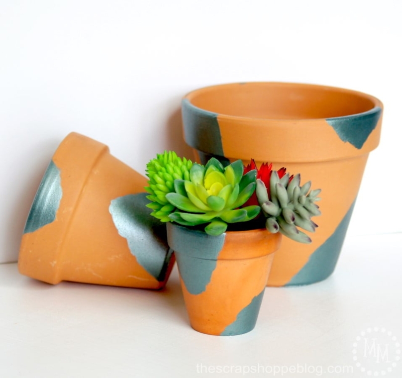 Planter Blue Grey Patina Hand Painted Accents Trio Grouping Bohemian
