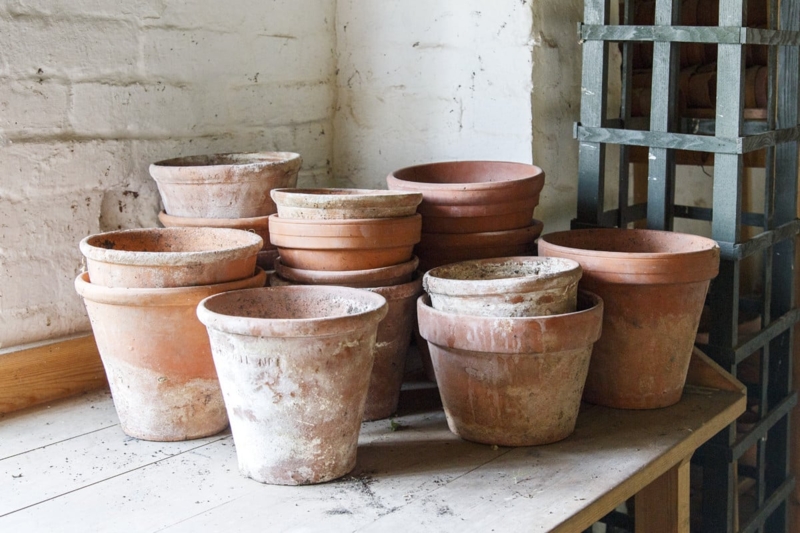 Planter Grouped Clay Pots Weathered Patina Potting Shed Setting Vintage