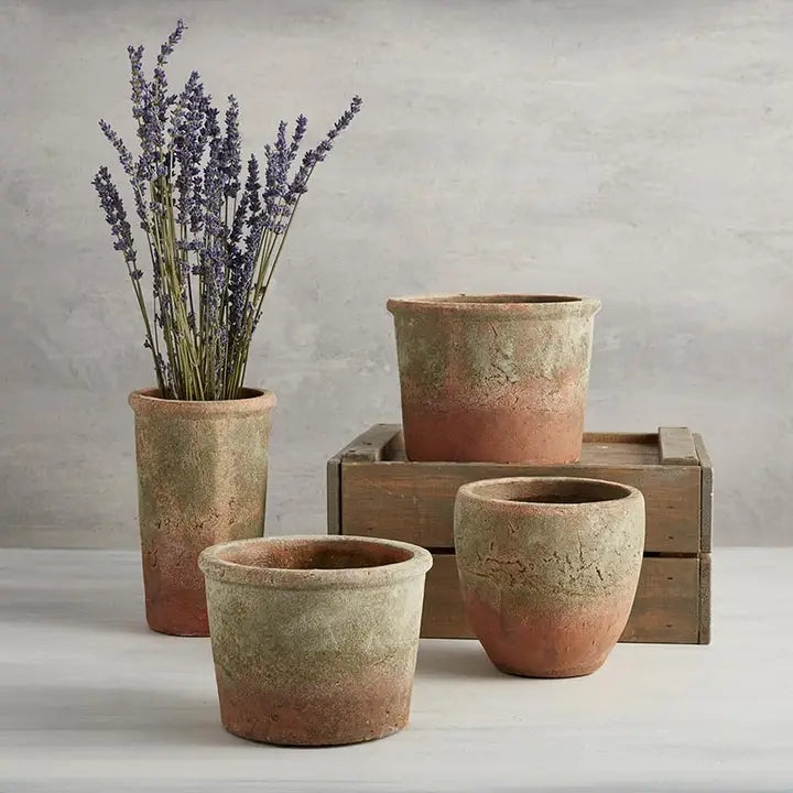 Planter Set Rustic Green Patina Aged Terracotta Farmhouse Decor