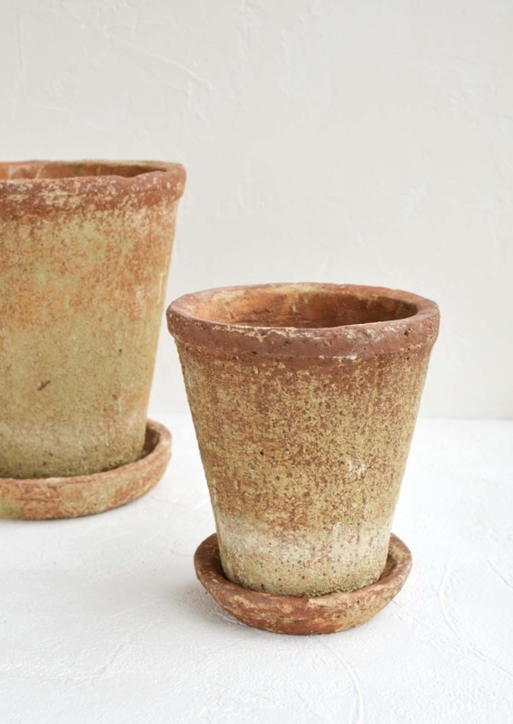 Planter with Matching Saucer Heavy Patina Tapered Conical Shape