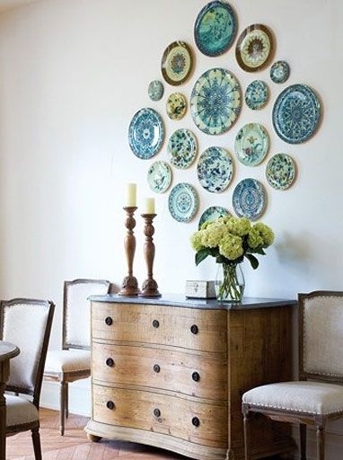 Plate Wall: Blue and Green Diamond Layout over Curved Dresser, French Country
