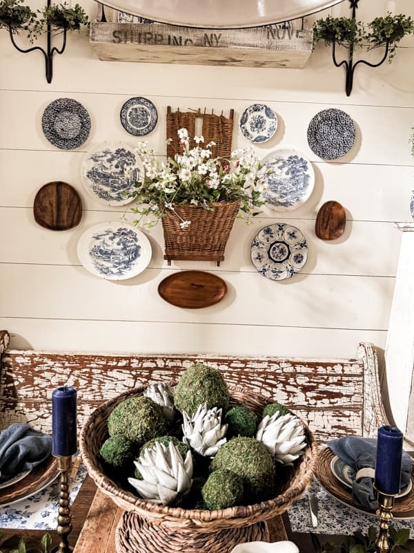 Plate Wall: Blue and White Collage with Woven Basket Planter, Rustic Shiplap