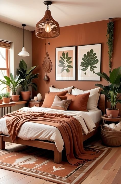Platform Bed with Woven Pendant and Tropical Plant Accents