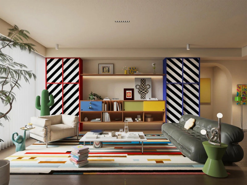 Playful Maximalist Room: Cactus Sculpture & Diagonal Striped Cabinets