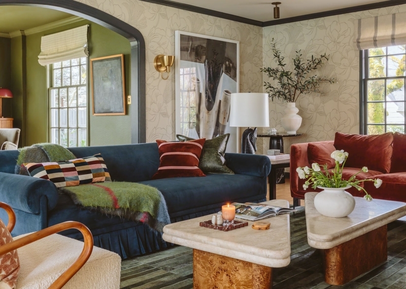 Pleated Skirt Velvet Sofa with Triangular Travertine Tables
