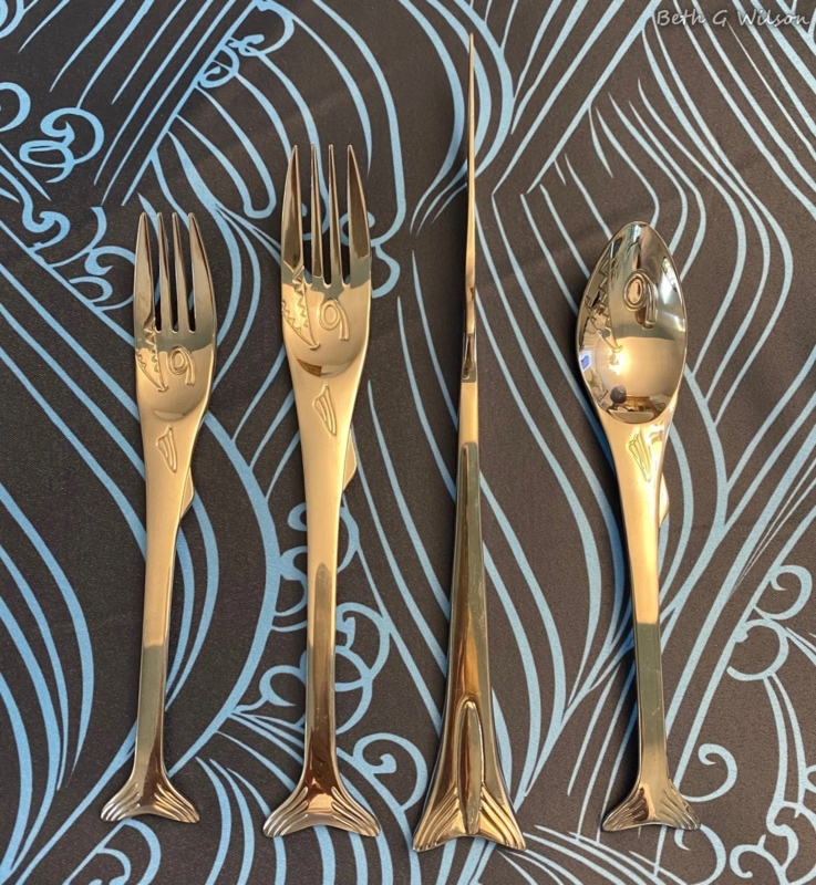 Polished Gold Flatware Set Fish Tail Handles Engraved Details