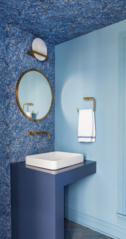 Powder Room Blue Marbleized Wallpaper Wall Mounted Brass Faucet