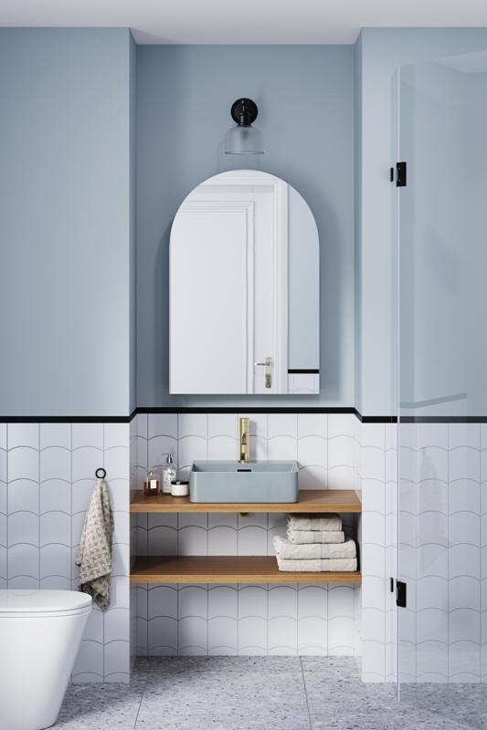 Powder Room Blue Vessel Sink Scalloped Tile Floating Vanity Ideas