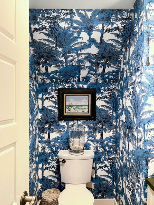 Powder Room Bold Palm Wallpaper Beach Art Woven Accessories