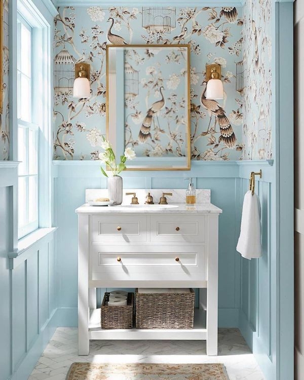 Powder Room Chinoiserie Bird Wallpaper Pale Blue Wainscoting Brass Accents