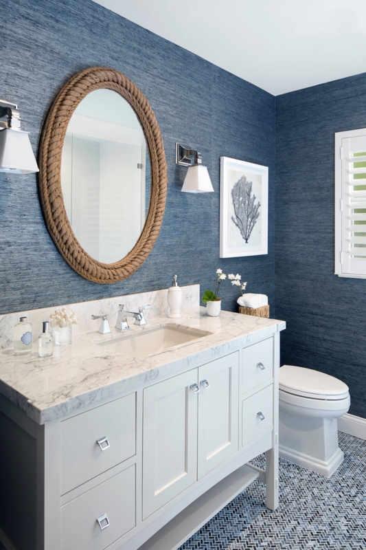 Powder Room Coastal Blue Grasscloth Wallpaper Rope Framed Mirror