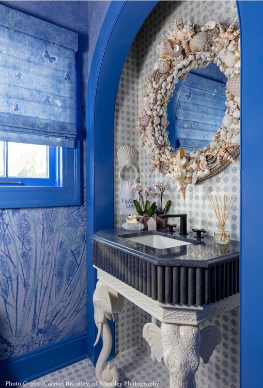 Powder Room Coastal Maximalist Elephant Pedestal Vanity Shell Mirror