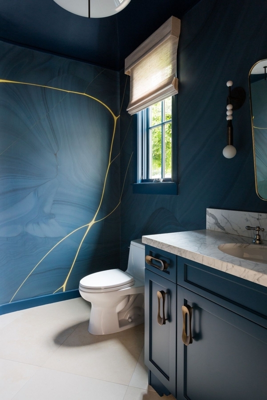 Powder Room Dramatic Gold Vein Wallpaper Navy Vanity Sculptural Hardware