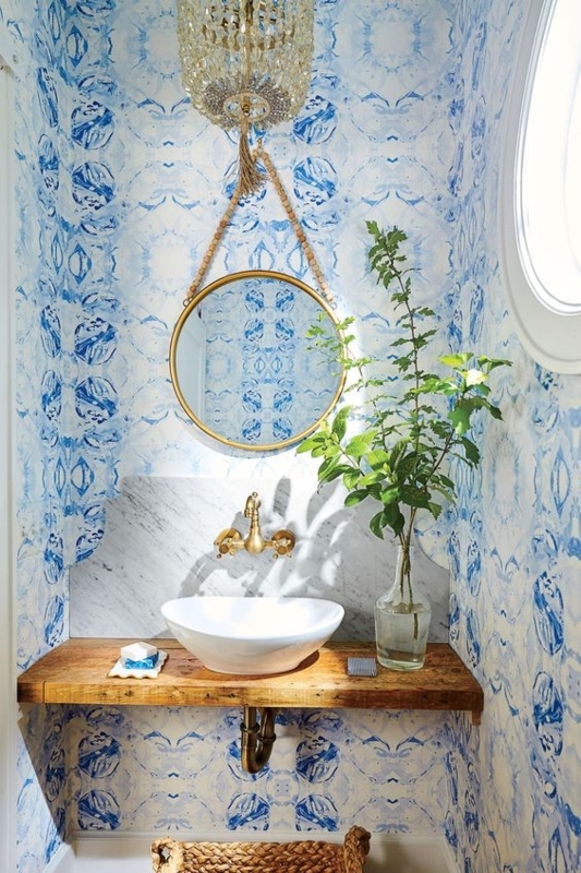 Powder Room Floating Wood Vanity Kaleidoscopic Wallpaper Beaded Mirror Vessel Sink