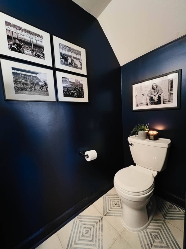 Powder Room Geometric Floor Tile Moody Walls Black and White Art