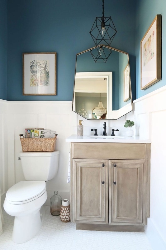 Powder Room Modern Coastal Weathered Vanity Hexagonal Mirror Penny Tile