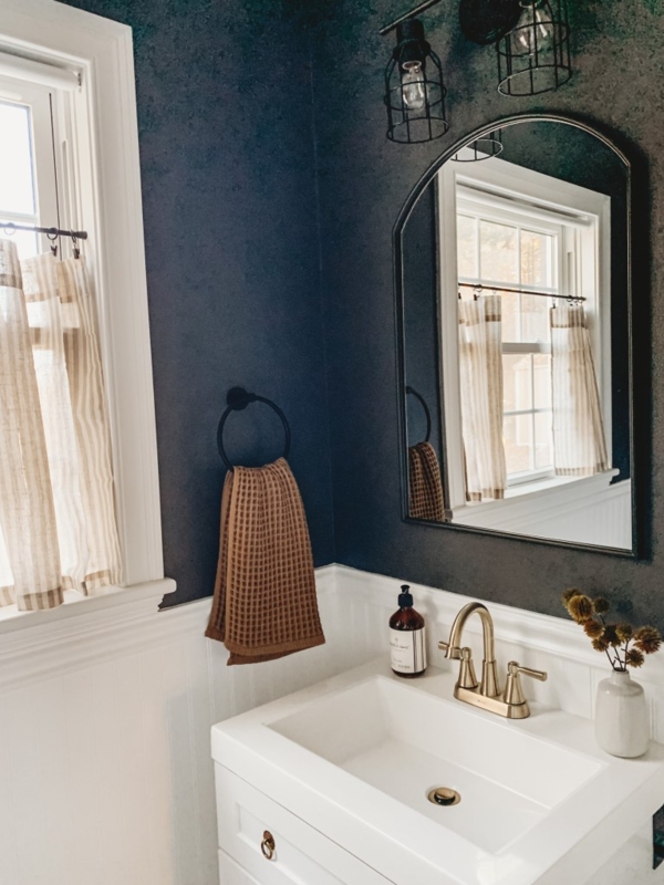 Powder Room Moody Navy Textured Walls Wainscoting Caged Lighting Arched Mirror