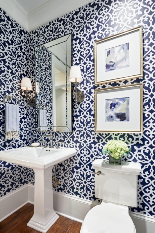 Powder Room Navy Quatrefoil Wallpaper Pedestal Sink Beveled Mirror