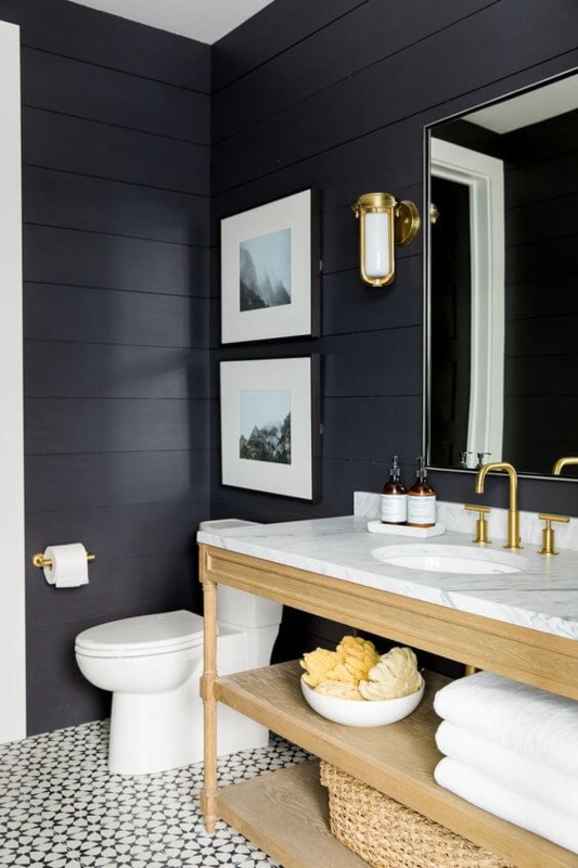 Powder Room Navy Shiplap Walls Brass Accents Starburst Tile