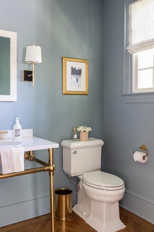Powder Room Slate Blue Walls Brass Console Sink Herringbone Floor