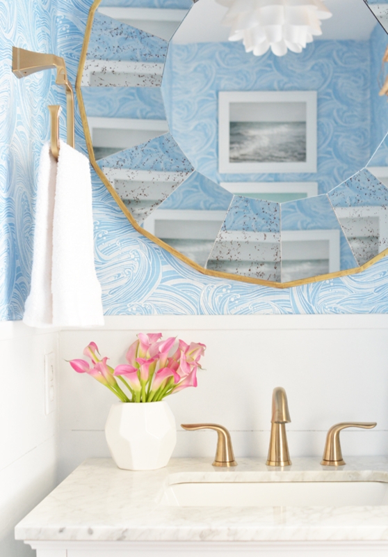 Powder Room Wave Wallpaper Faceted Gold Mirror Antique Glass