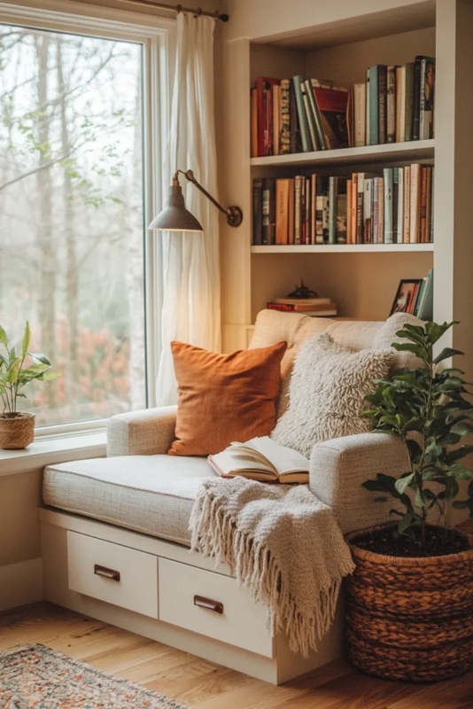 Reading Nook Built-In Niche with Storage Drawers and Swing Arm Lamp