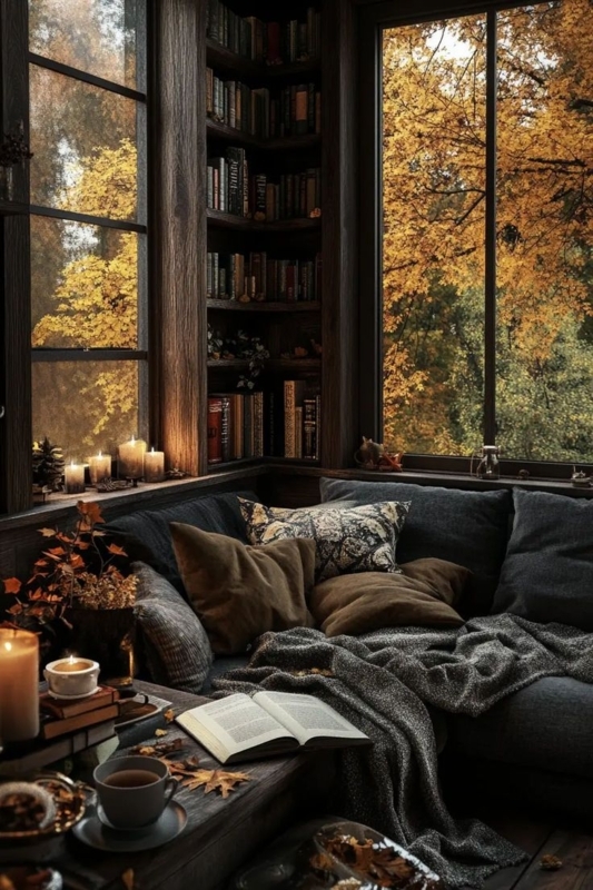 Reading Nook Corner Seating with Autumnal View and Candlelit Ambiance