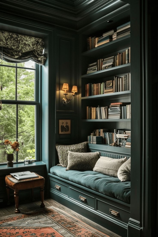 Reading Nook Dark Academia with Monochromatic Teal Walls and Bench
