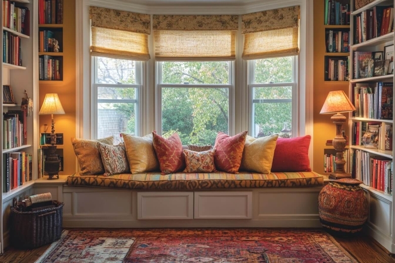 Reading Nook Home Library Bookshelves, Symmetrical Flanking Lamps.