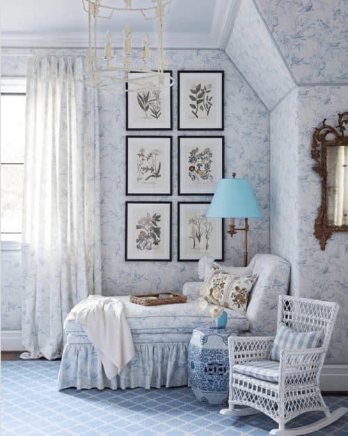 Reading Nook Toile Wallpaper Wicker Rocking Chair Botanical Gallery