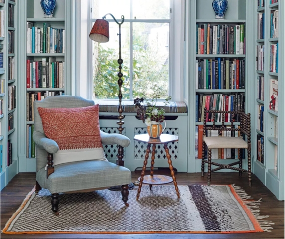 Reading Nook Traditional Bobbin Furniture with Light Blue Built-Ins
