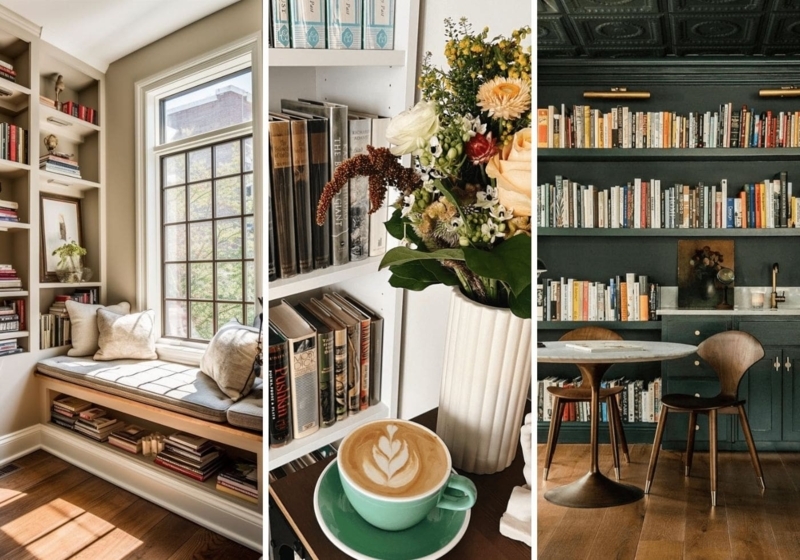 Reading Nook with Integrated Window Seat and Dark Green Cabinetry