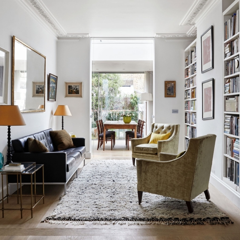 Reading Nook with Shaggy Monochrome Rug and Tufted Velvet Armchairs