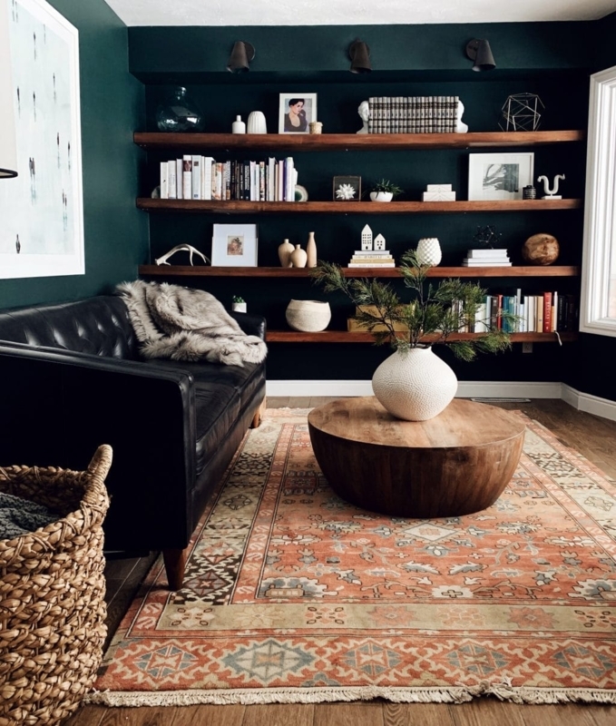 Reading Room Moody Transitional Style with Dark Green Walls and Rug