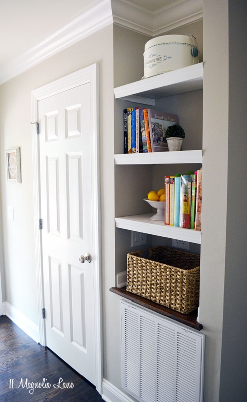 Recessed Hallway Built-In Shelving with Woven Basket Storage