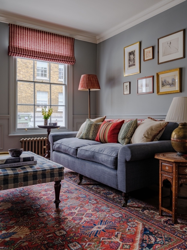 Red Striped Roman Shades Window Ideas for English Country Living Room