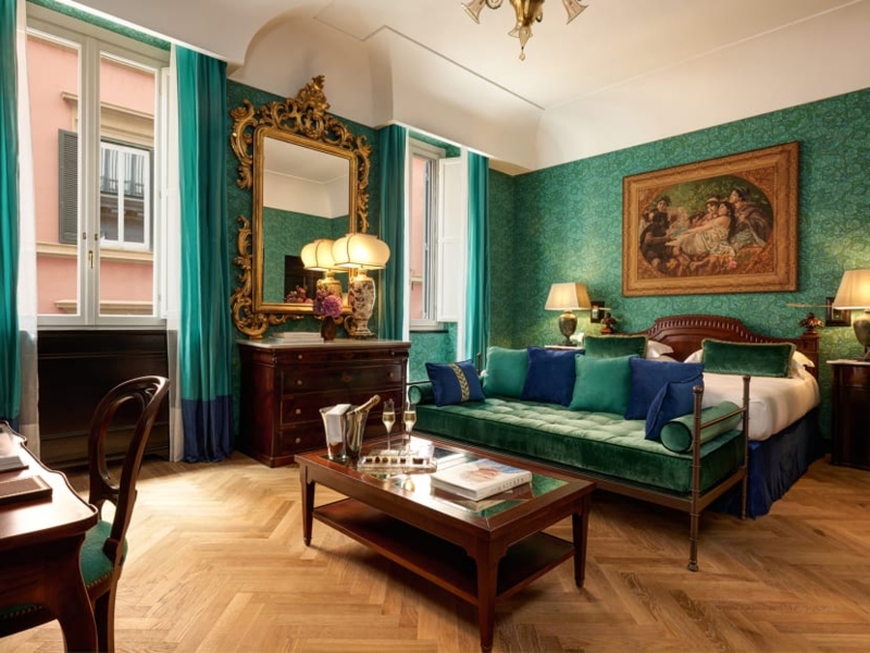 Regency Suite: Emerald Velvet Seating, Rococo Gold Mirror, Damask Walls