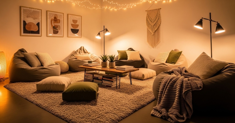 Relaxed Sanctuary Lounge with Low Profile Bean Bag Seating