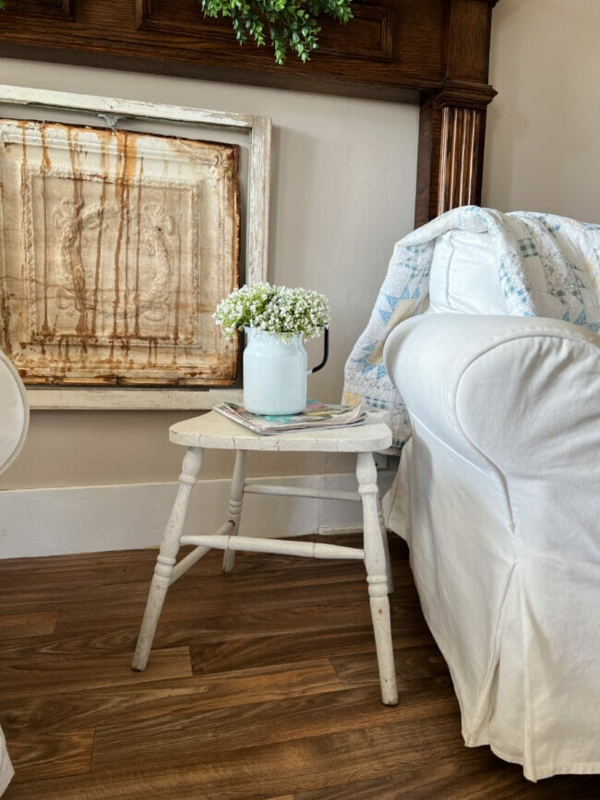 Repurposed Vintage Stool Side Table with Distressed Whitewash Finish