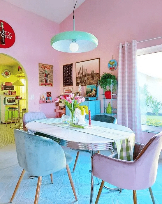 Retro Dining Table with Chrome Rim and Pastel Upholstery