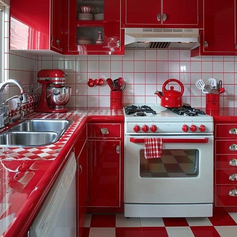 Retro Kitchen Interior Glossy Red Cabinets Checkered Tile Work