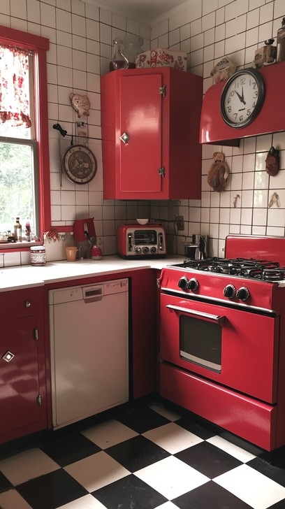 Retro Red Kitchen Design with Checkered Flooring and Vintage Appliances