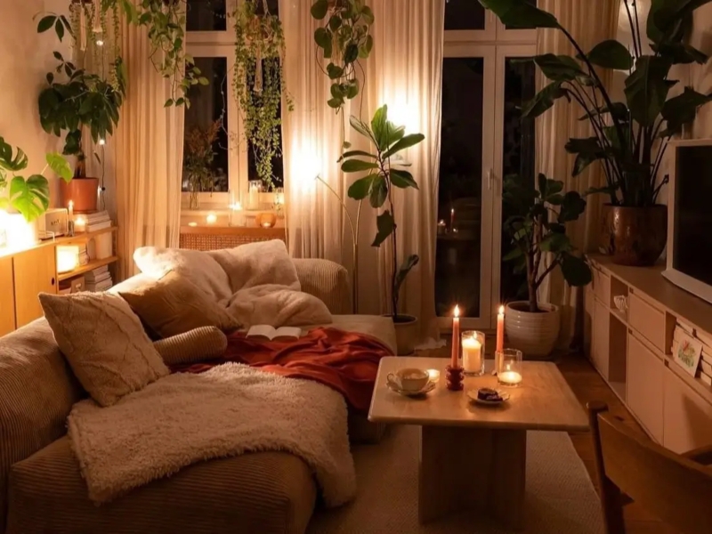Ribbed Corduroy Sectional in Candlelit Indoor Jungle
