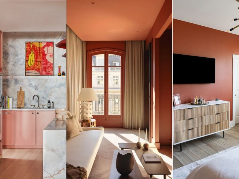 Ribbed Wood Dresser and Peach Cabinetry in Earthy Minimalist Interiors.