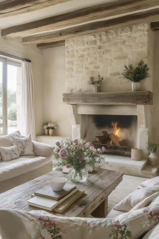 Romantic French Country Cottage Living Room with Stone Chimney Breast