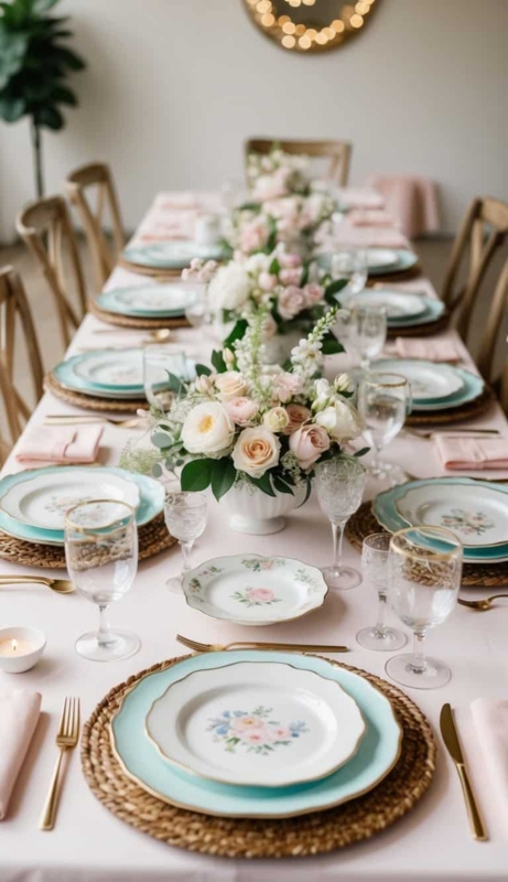 Romantic Tablescape Mint Scalloped Plates Rattan Chargers