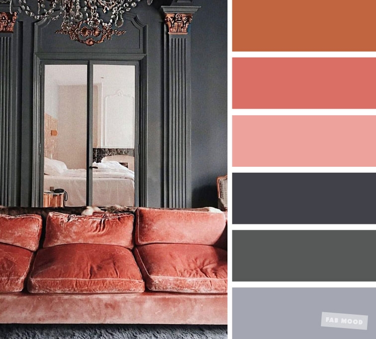 Rust Velvet Sofa against Dark Grey Classical Wall Moulding.