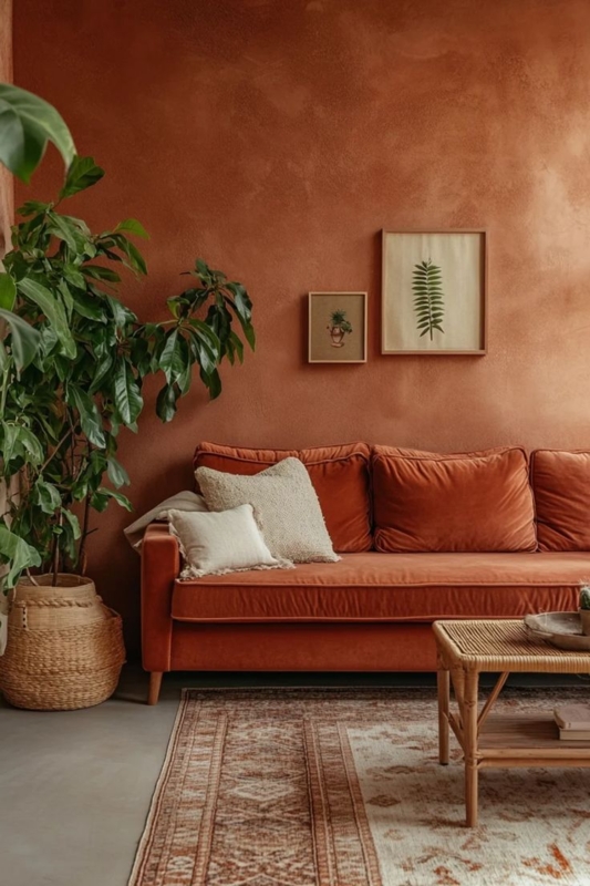Rust Velvet Sofa styling in an Earthy Monochrome Plaster Living Room.