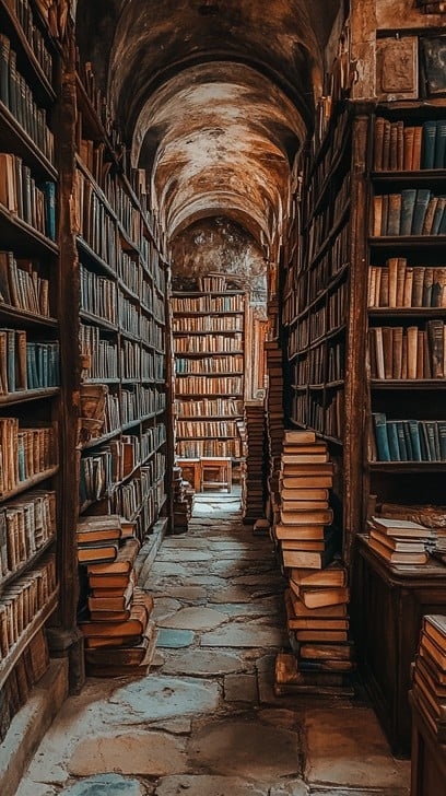 Rustic Ancient Library Stone Hallway with Stacked Books