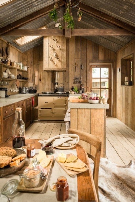 Rustic Cabin Kitchen Design with Corrugated Metal Ceiling & Range